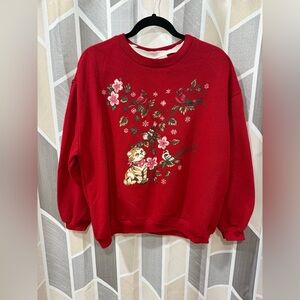 Vintage Basic Editions Red Sweatshirt with Cat and Bird Design